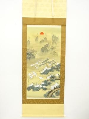 玉峰筆　百鶴図　肉筆絹本掛軸（保護箱）